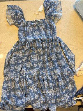 Altar'd State Blue Floral Flutter-Sleeve Kids Dress